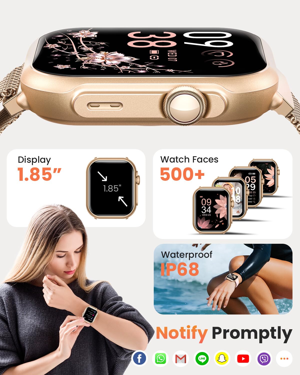 Smartwatch Donna con 100 Giorni, 1000mAh Batteria, 1.83” HD Orologio Fitness con Frequenza Cardiaca, SpO2, Sonno, 120+ Sport Smartwatch con Chiamata, Notifiche Messaggi iOS Android Oro Rosa