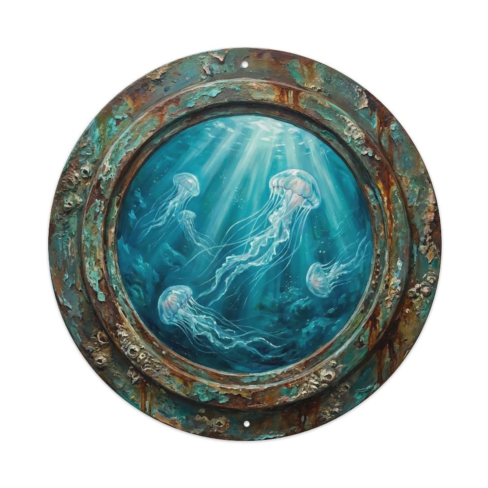 Vintage Porthole Jellyfish Floating Ship Window Undersea Deep Sea Metal Tin Sign