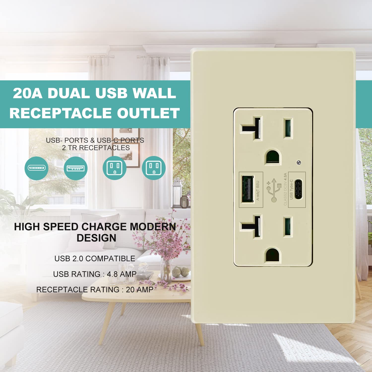 Ivory Outlet with USB C High Speed Charger Type C 4.8A Charging