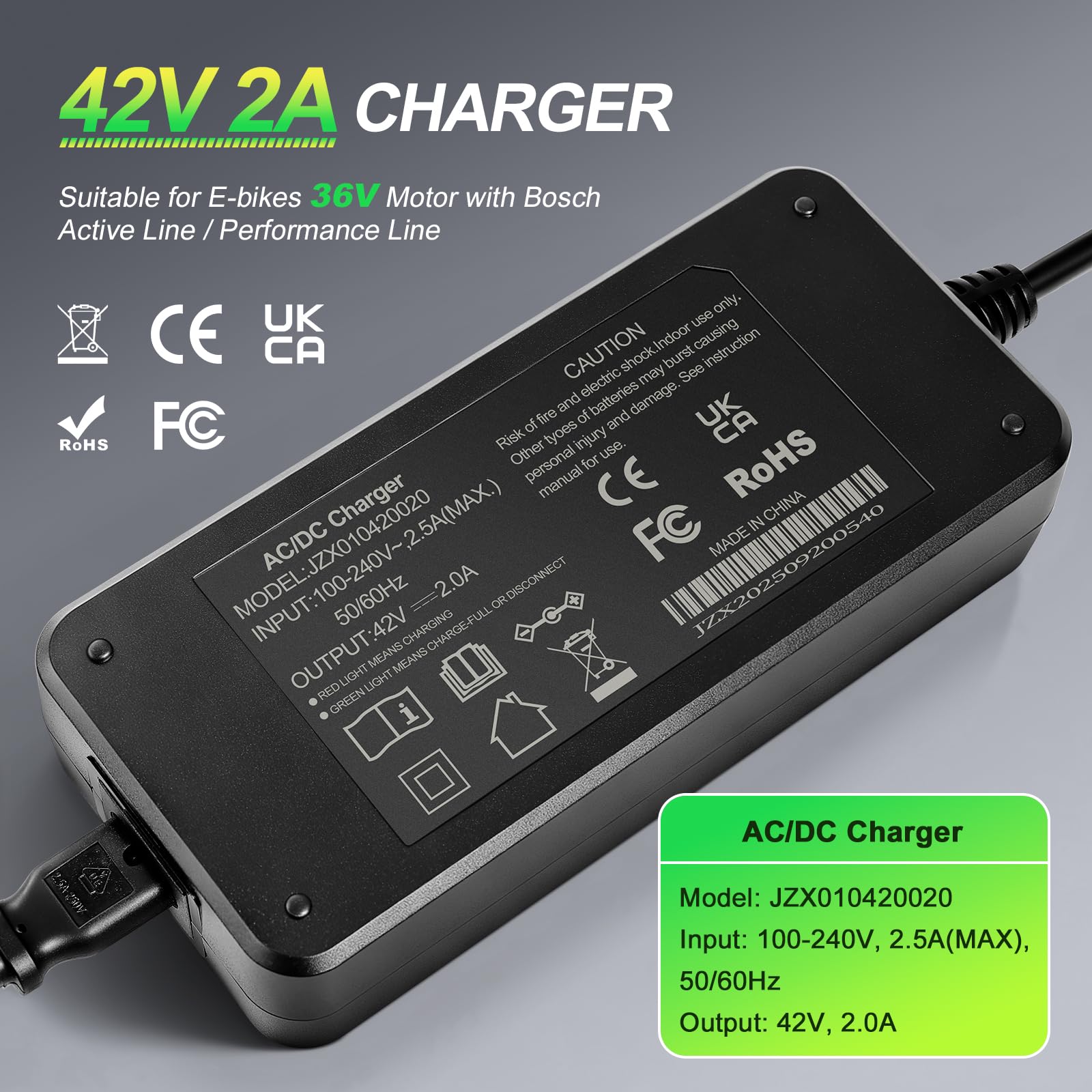 42V 2A Caricabatterie per Bosch Performance/Active Line Plus Alimentatore E-Bike per Batterie da 36V