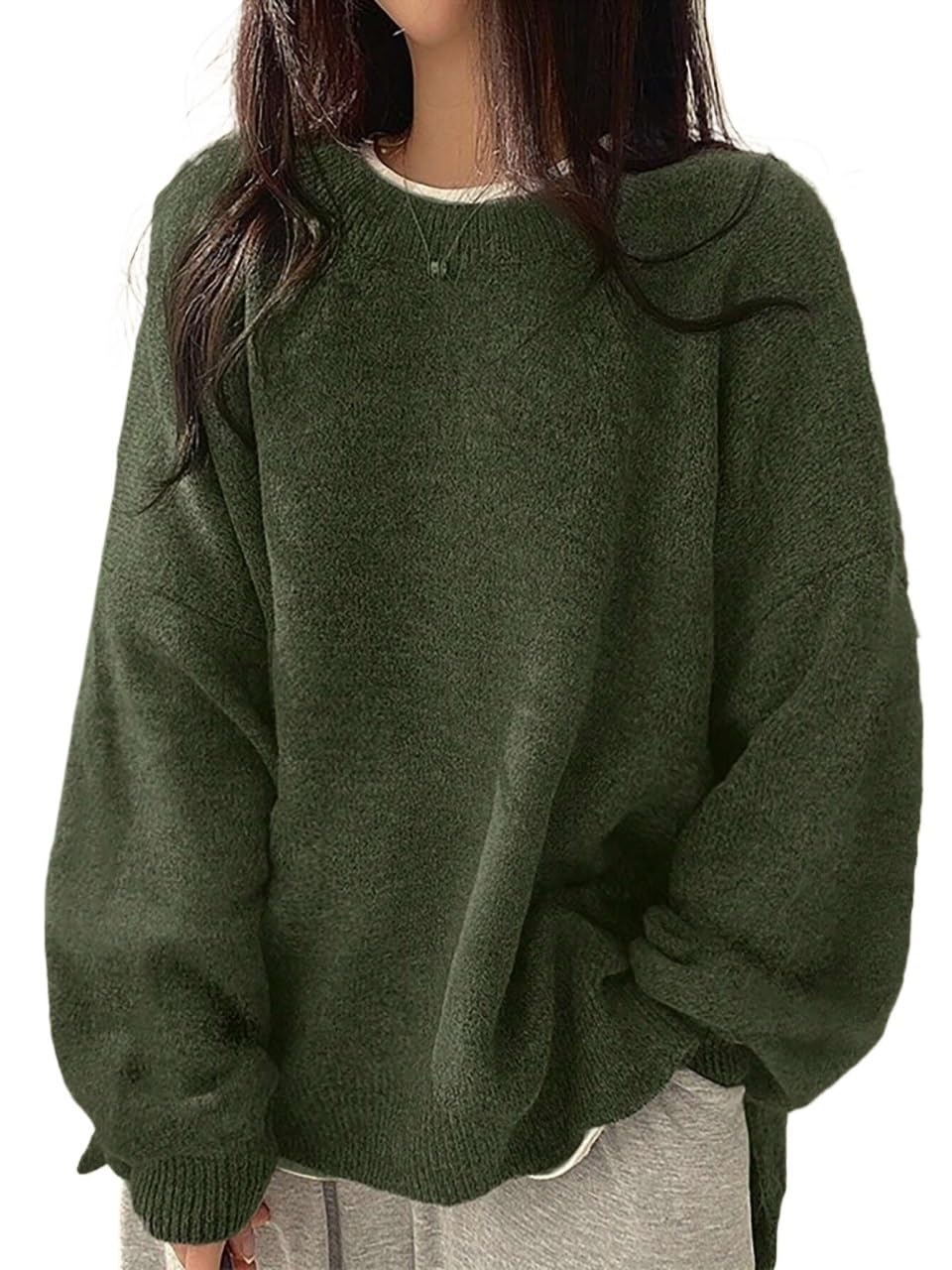 Womens Long Sleeve Crew Neck Sweater Tops Solid Color Loose Fit Knit Sweaters