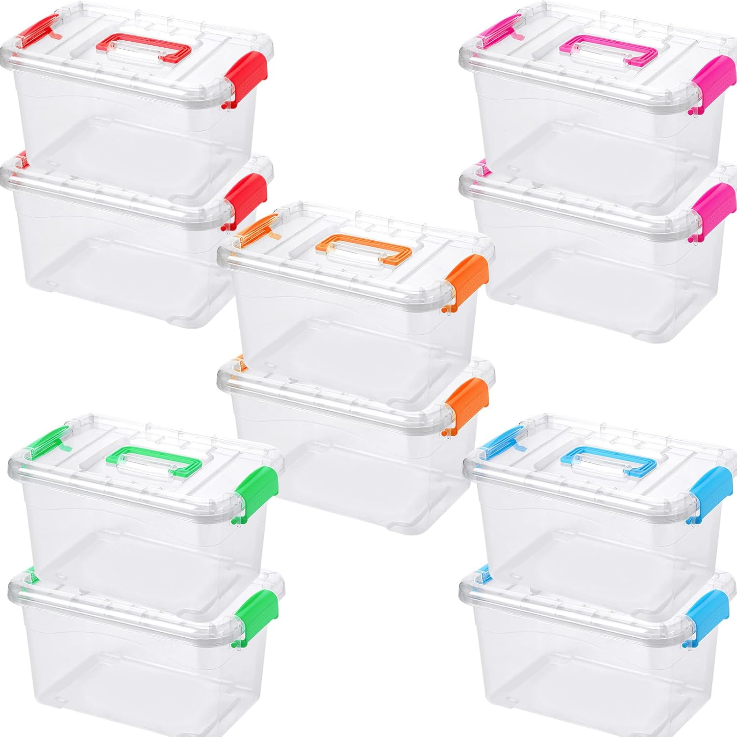 Suzile 10 Packs 7.5 Qt Toy Handle Storage Bins with Lids Clear Plastic Bins 5 Colors Handle Stackable Storage Containers with Labels Markers for Office Home School Supplies Organization