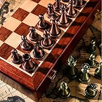 Vista 4 de Juego de ajedrez de metal, piezas de ajedrez de latón brillante y bronce, tablero de ajedrez plegable de madera maciza, juego de ajedrez profesional