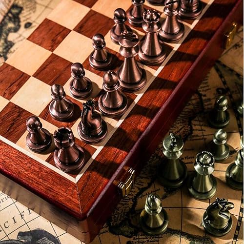 Miniatura 4 de Juego de ajedrez de metal, piezas de ajedrez de latón brillante y bronce, tablero de ajedrez plegable de madera maciza, juego de ajedrez profesional