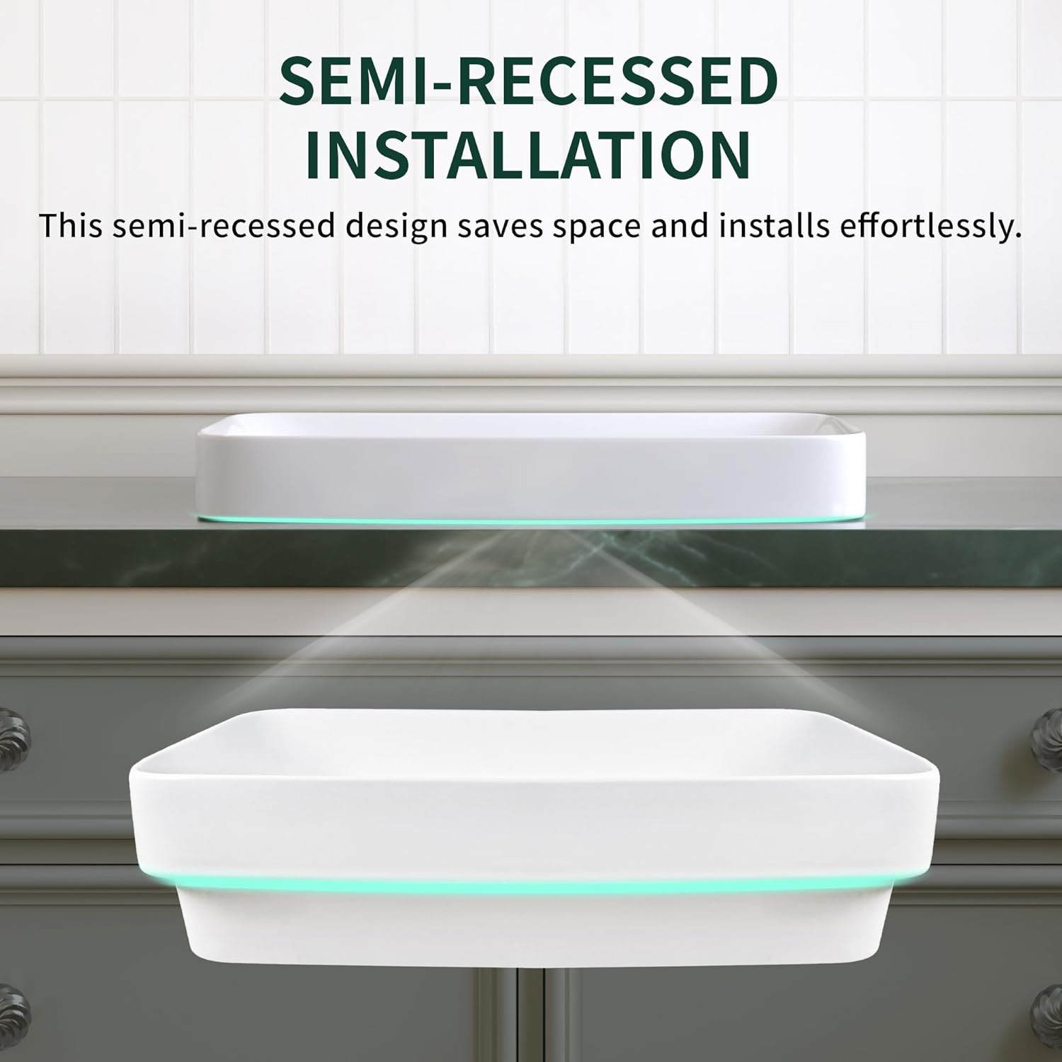 DeerValley Bathroom Vessel Sink, 19.29'' x 11.81'' x 4.72'' Semi Recessed Bathroom Sink Rectangular White Ceramic Sinks for Bathroom Modern Bath Sink Bowl Vanity Sinks Above Counter Basin DV-1V0047