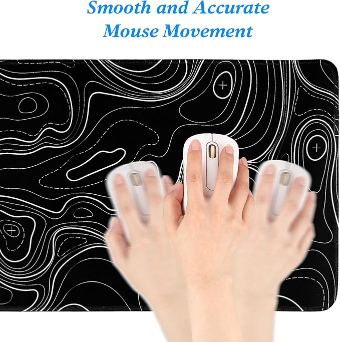 Gaming Mouse Pad Topographic Contour Large Desk Mat Long Computer Keyboard Mouse Mat Mousepad with Slip Base Desk Pad Edge for Home Office Work (Black)