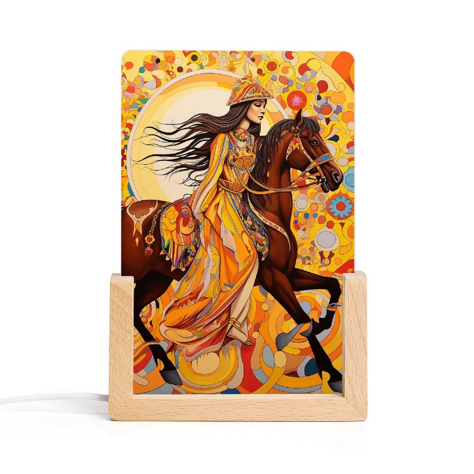 JTREHY Acrylic Night Light,Woman Riding Horse Printed Wooden Base LED Night Light Modern Home Decoration Light with USB Switch Cable for Bar Cafe Bedroom Room Decoration