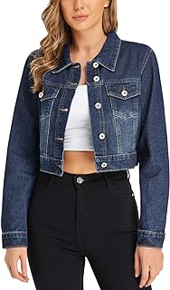 Sponsored Ad - PEIQI Women’s Cropped Jean Denim Jacket Button Down Long Sleeve with Pockets
