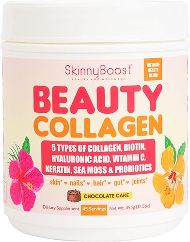 Beauty - Mezcla de colágeno y chocolate con sabor a pastel de chocolate, con 5 tipos de colágeno, musgo marino, biotina, queratina, ácido