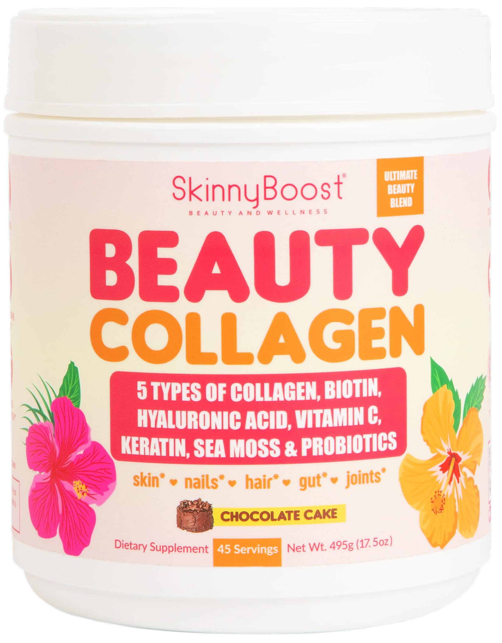Beauty Collagen Powder-5 Types of Hydrolyzed Collagen, Sea Moss, Biotin, Keratin, Hyaluronic Acid, Vitamin C and Probiotics–Hair, Skin, Nails- All Natural, Made in USA-45 Servings- Chocolate