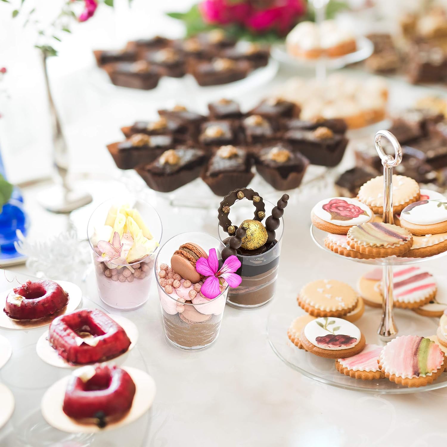 Open Cut Slanted Round Dessert Cups - 3 ounce - 40 Count - Spoons Included - Clear Plastic - Slanted Cylinder Mini Dessert Cup - Appetizer Cup - Tasting Glass-Sample Shot Glass -Disposable or Reusable