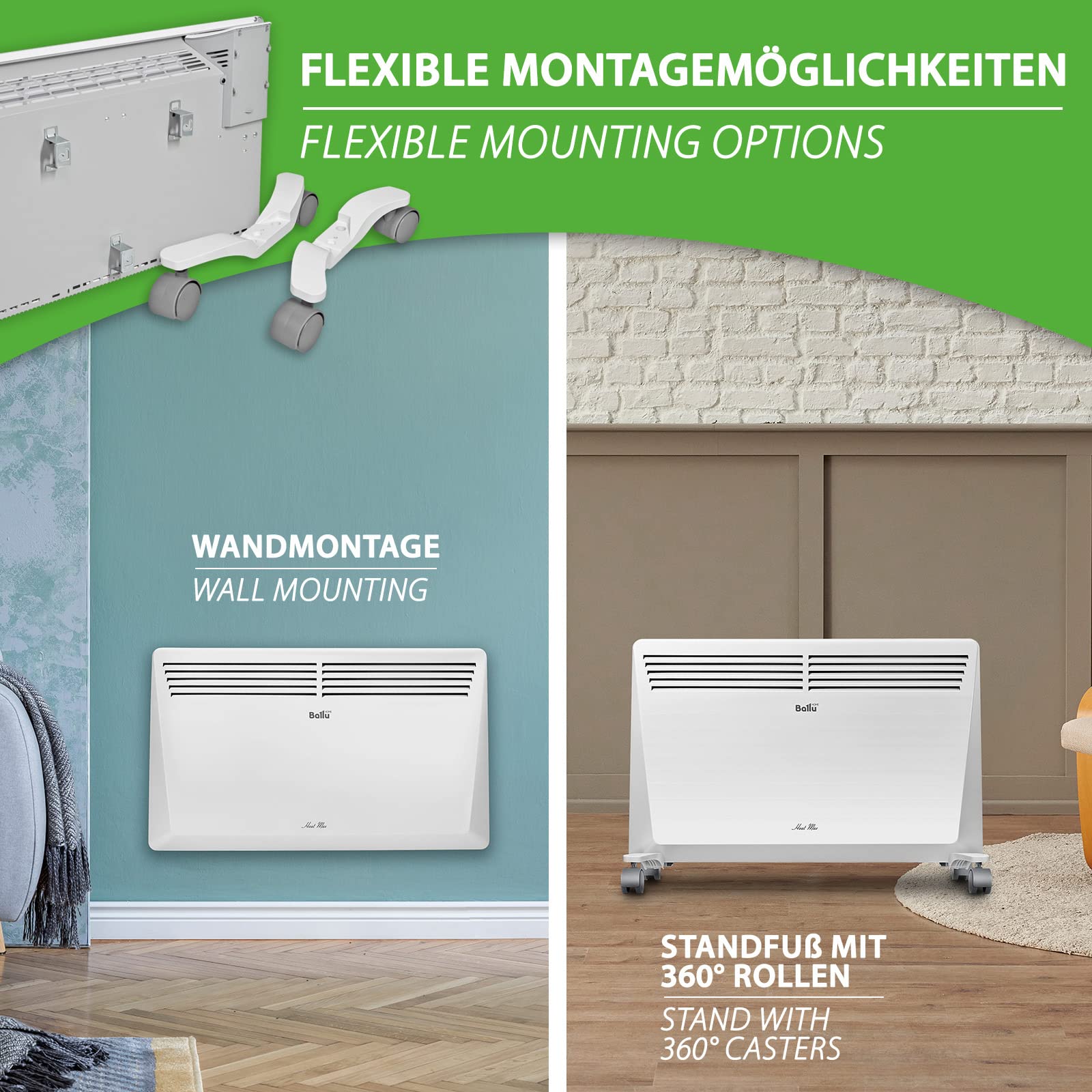 Ballu Heat Max grzejnik konwektorowy, 1500 W, montaż ścienny na kółkach, program tygodniowy, timer, konwektor elektryczny