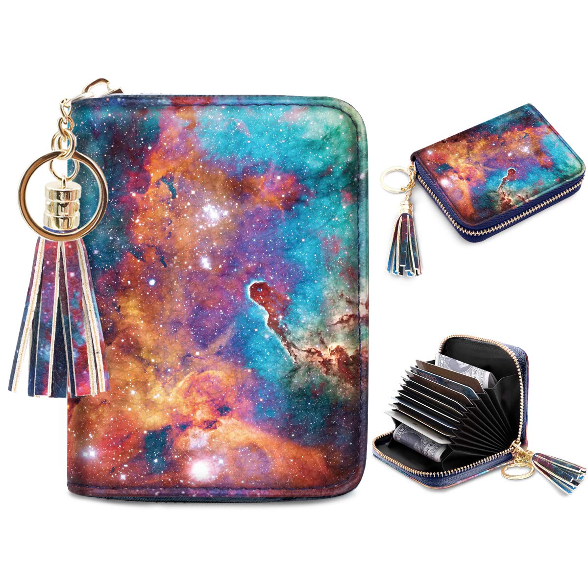 Coco Rossi Leather Credit Card Wallet for Women, RFID Blocking Zipper Cards Holder with Tassel, Nebula