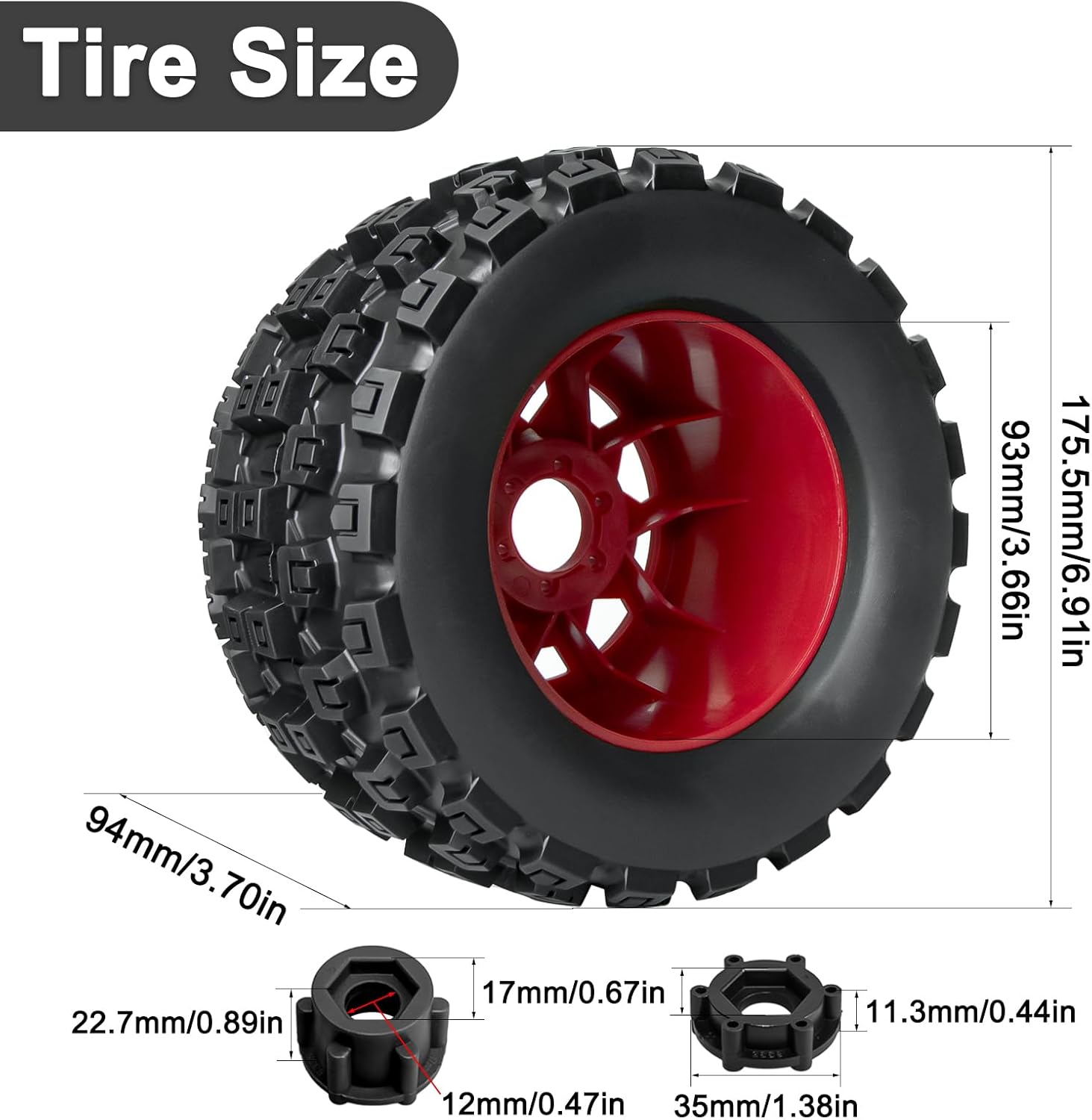 LRFHL MX38 F/R 3.8" RC Tire and Wheels 1/8 RC Monster Truck Tires with 17mm Hex Adapter for Arrma Notorious Outcast Kraton 6S Traxxas E-Revo 1/7 1/8 RC Truck Car (4PCS, Red)
