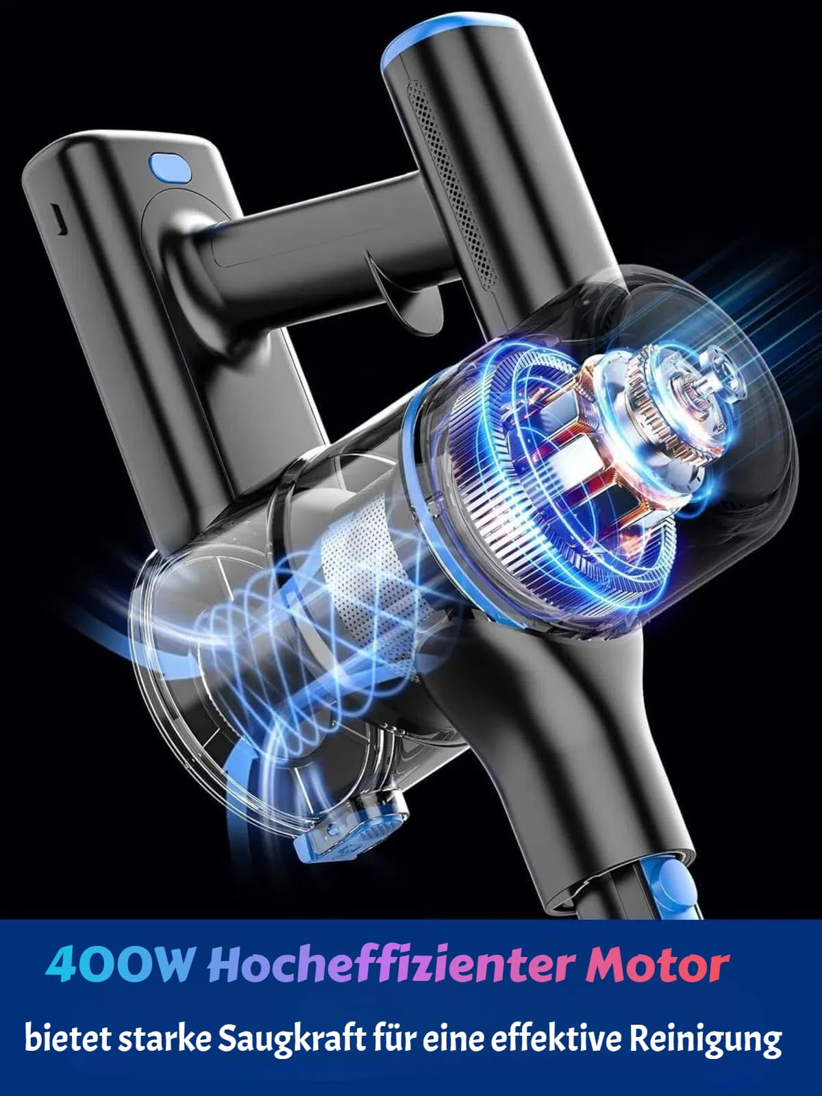 Akku Staubsauger 52KPa/400W/45Min, Kabelloser Staubsauger mit selbststehendem Design, Anti-Tangle Bürste, LED-Display, 3 Saugstufen, abnehmbarer Akku für Tierhaare, Hartböden & Auto - Azure