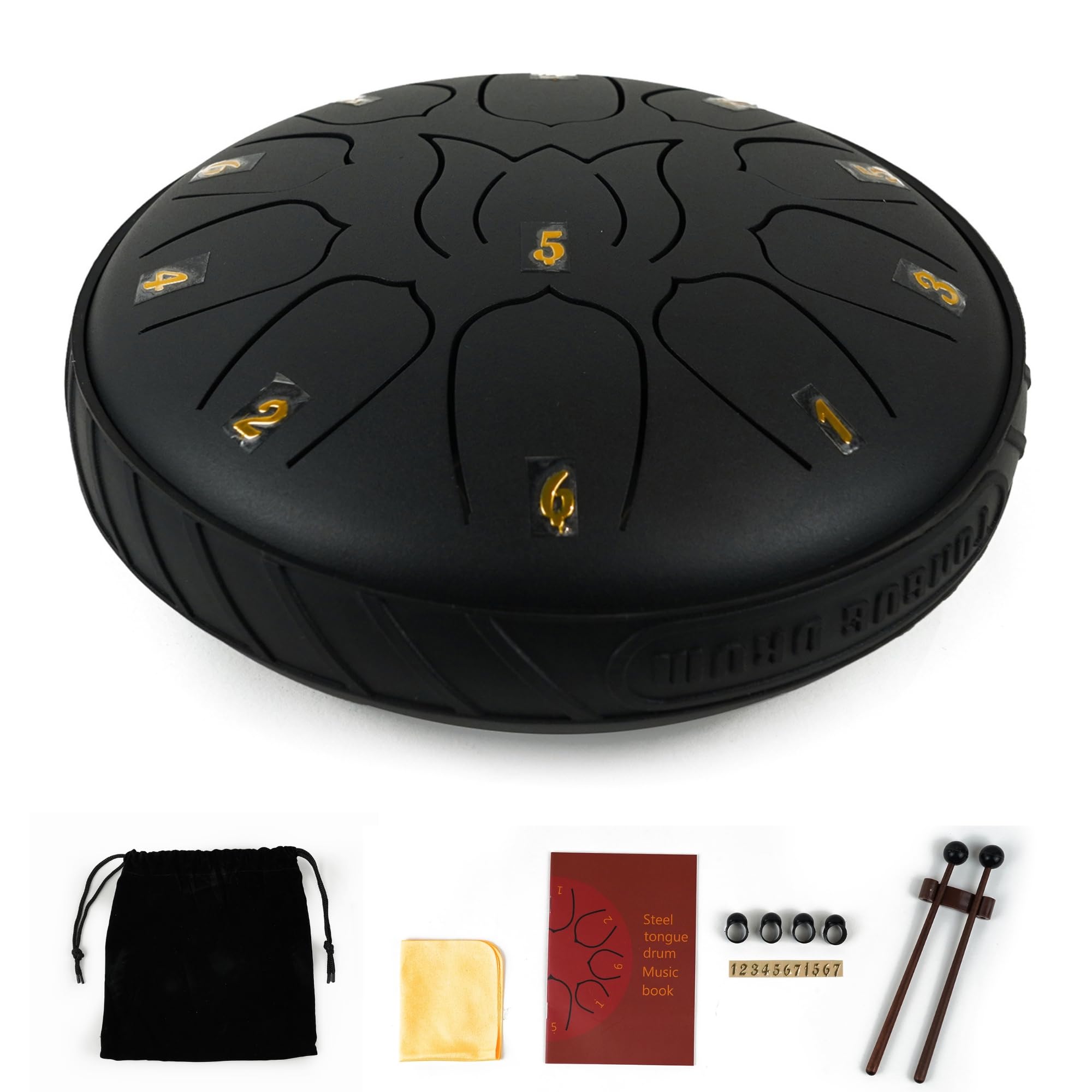 Essenza 11 Notes 6 Inch Black Alloy Steel Tongue Drum - Perfect Percussion Musical Instrument for Kids and Adults - Handpan Drum for Meditation, Yoga - Includes Mallets, Finger Picks & Travel Bag