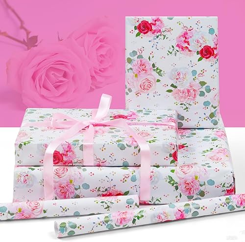 Miniatura 3 de Juego de papel de regalo de boda y cinta para niñas y mujeres, 6 hojas plegadas, diseño de rosa roja y rosa, 20 x 28 pulgadas, papel de regalo para