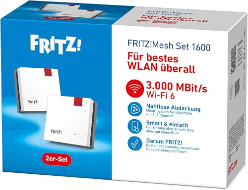 Fritz! Mesh Set 1600 Set of 2 (2 x Fritz!Repeater, Ideal for Internet Router or Fibre Optic Modem (ONT), WLAN Coverage for 3-5 Rooms, Wi-Fi 6 with up to 3,000 Mbps, German Version - 4