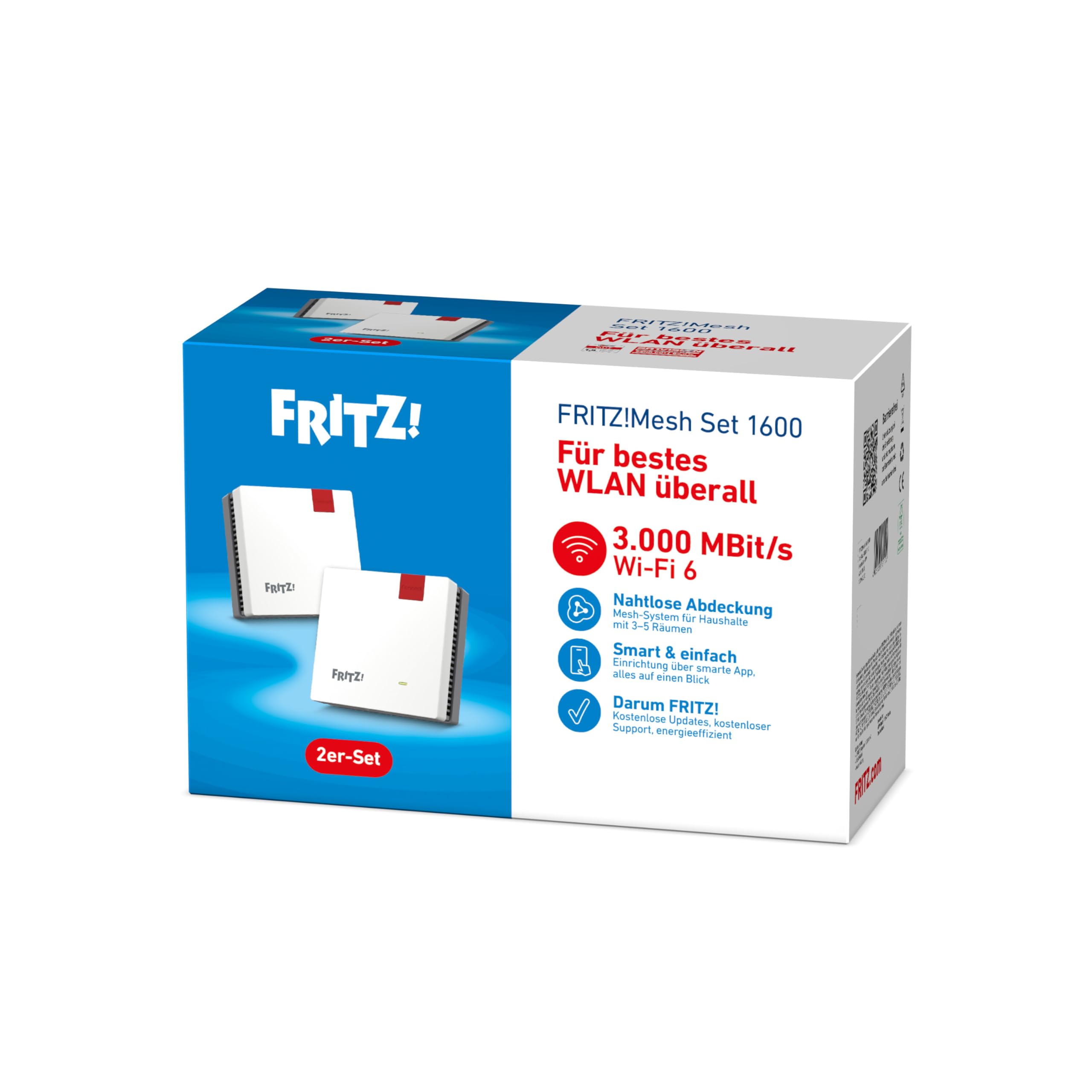 Fritz!Mesh Set 1600 2er-Set (2X Fritz!Repeater, ideal für Internetrouter oder Glasfasermodem (ONT), WLAN-Abdeckung für 3-5 Räume, Wi-Fi 6 mit bis zu 3.000 MBit/s, deutschsprachige Version)