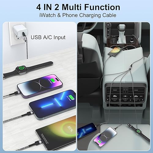 Miniatura 7 de Opluz Cable de carga de reloj y teléfono 4 en 2, cable de carga universal múltiple compatible con iPhone, iWatch, Galaxy, Pixel6 pies, magnético