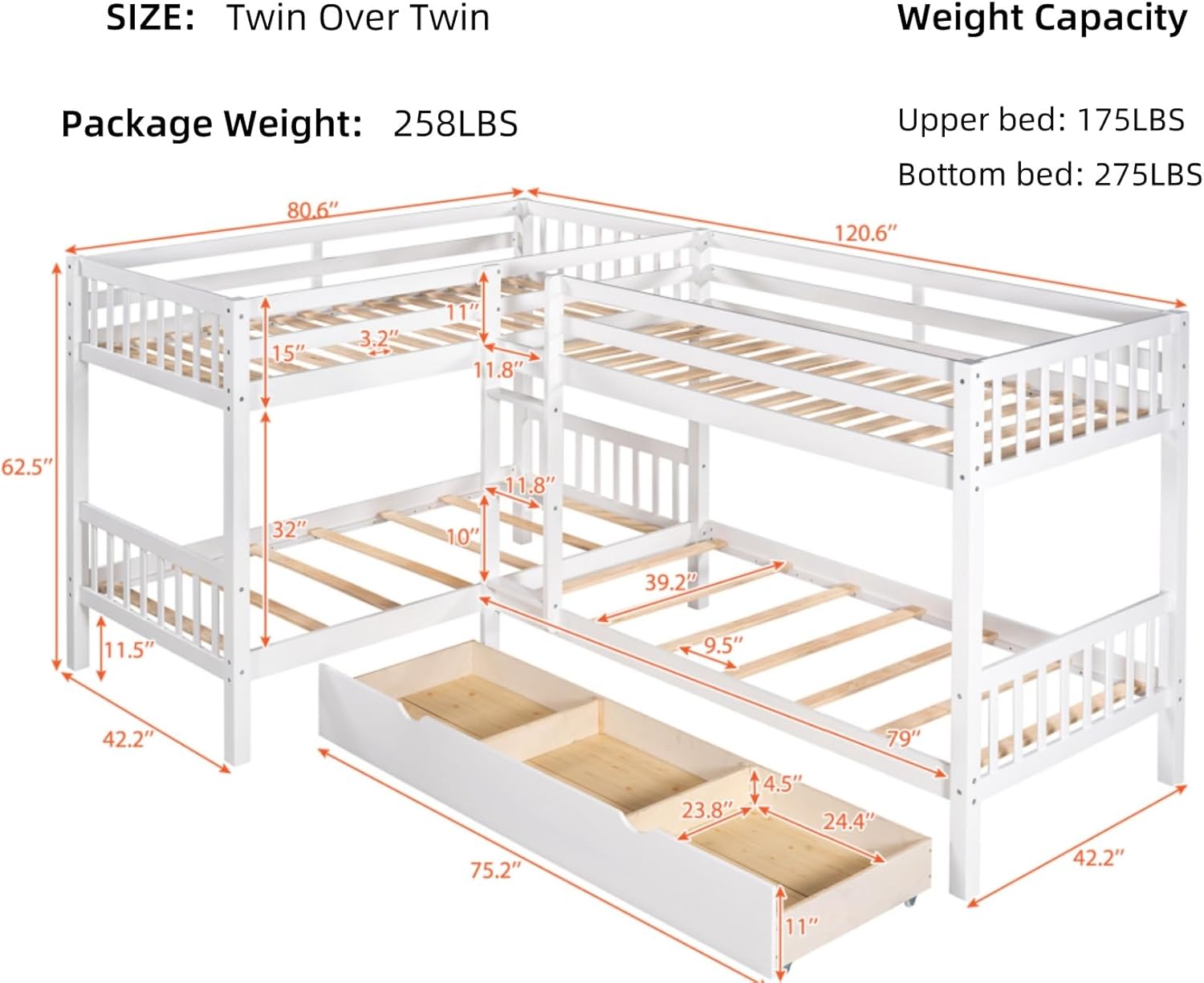 Merax Kids L-Shaped Bunk Bed Twin Over Twin with Drawers, Wood Low Floor Bunkbed Featuring Stairs Guardrail for Boys, Girls, Toddlers, No Box Spring Required, White