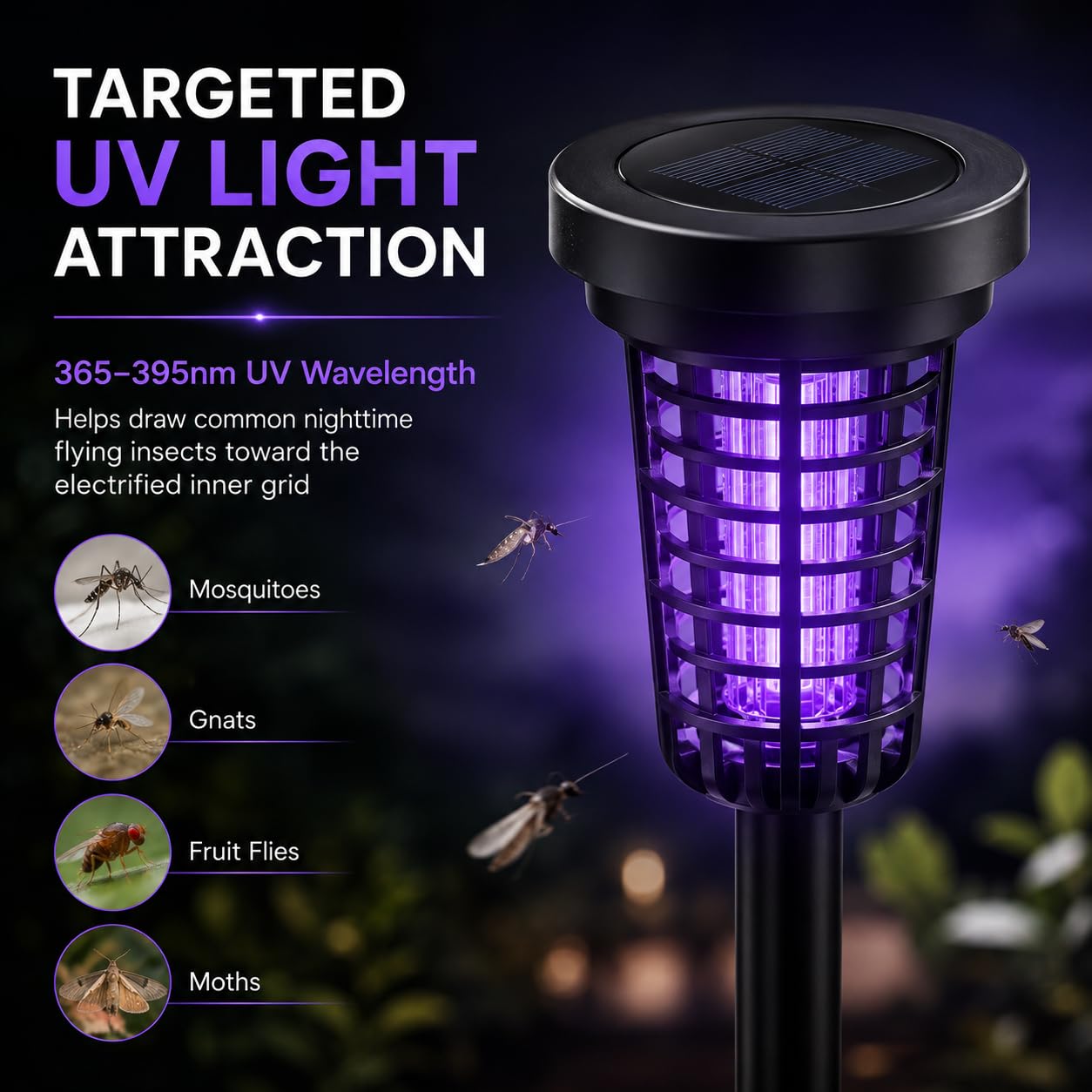 Paquete de 4 matamoscas solares impermeables al aire libre, repelente de mosquitos para patio trasero, granja, jardín, matamoscas con energía solar para pequeños insectos voladores, mosquitos, moscas
