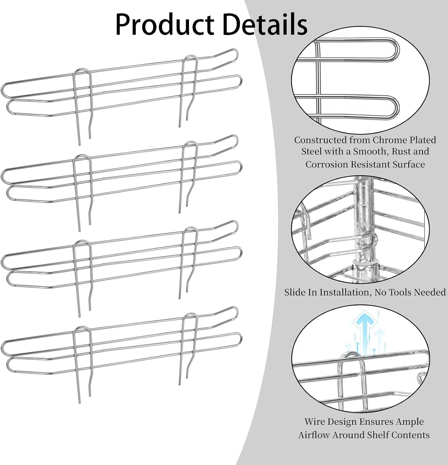 8 Pcs Chrome Wire Shelf Ledge Metal Shelves Accessories 18" L x 6" H Wire Shelving Side Ledge for Garage Storage and Pantry(Silver)