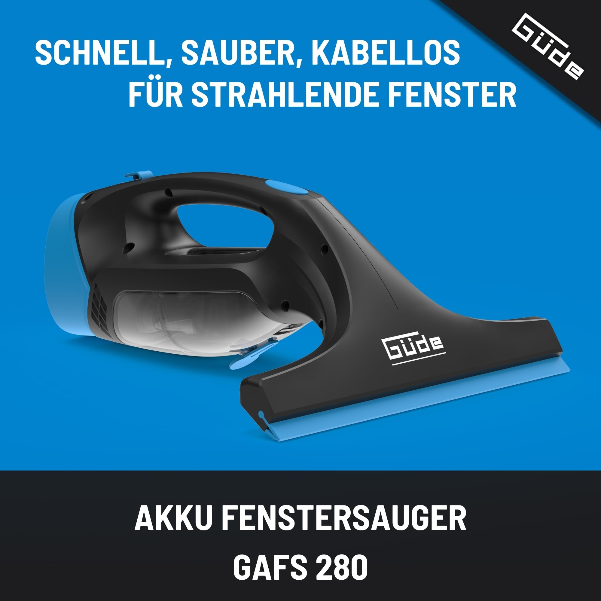 Güde Akku Fenstersauger GAFS 280 (3,7 V, 28 cm Arbeitsbr., 125 ml abnehmb. Schmutzwassertank, 1,8 kPa max. Unterdr., 30 min Arbeitszeit mit vollem Akku, inkl. Ladegerät, Sprühflasche & 2 Wischbezüge)