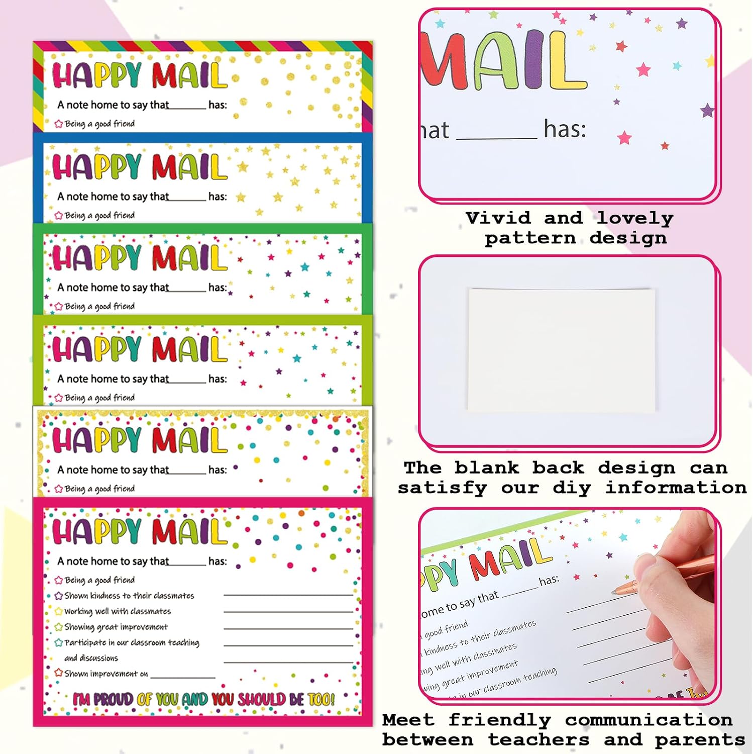 60Pcs Colorful Happy Mail Teacher Notes to Parents Classroom Good Behavior Incentive Motivational Cards Positive Postcards to Send Home for Home Classroom Kindergarten Elementary School