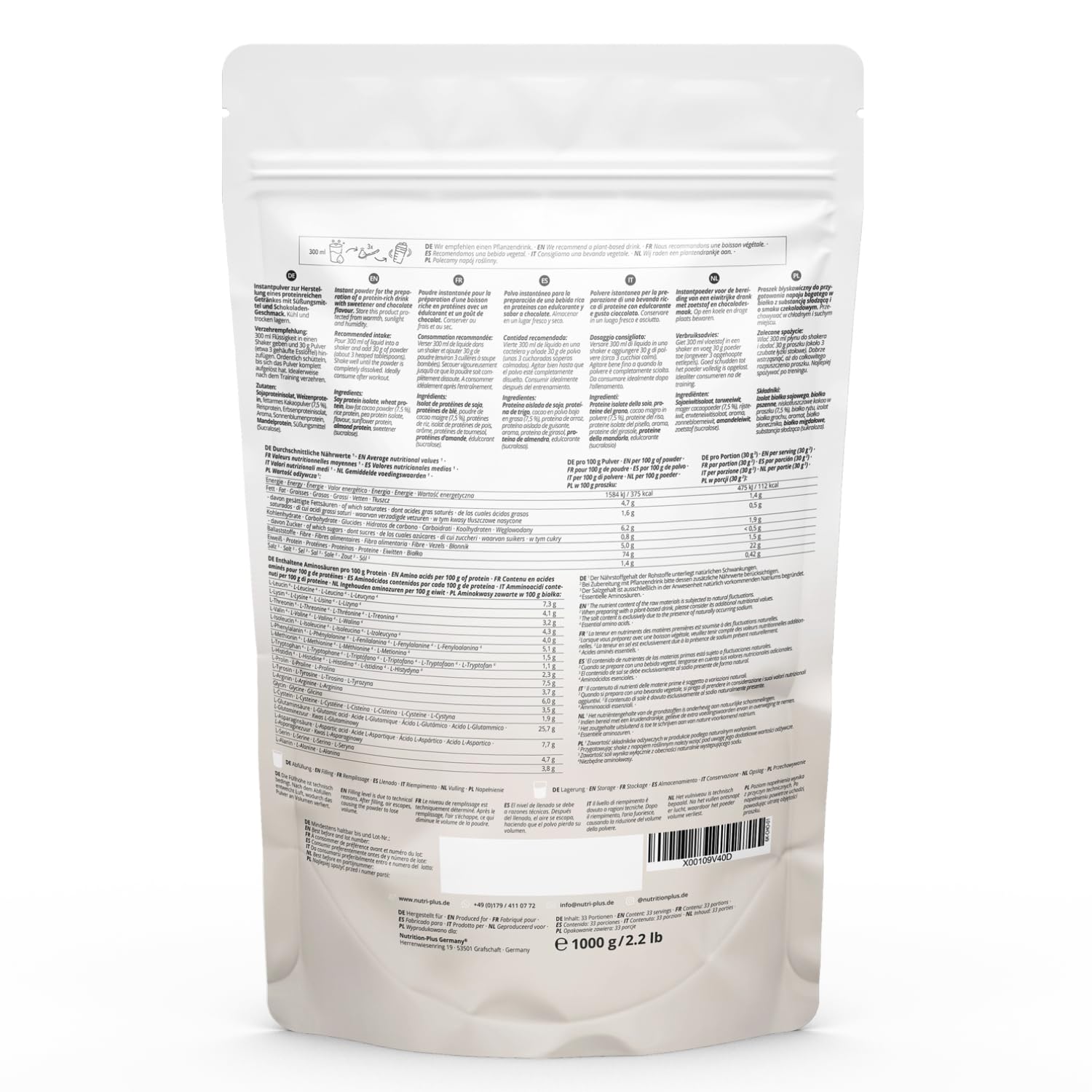 Nutri + Batido Proteína de Chocolate 1kg - Proteínas en Polvo bajas en Azúcar - Aislado de Proteína de Soja sin OGM, Almendra, Girasol - Muscle Building Protein producido en Alemania