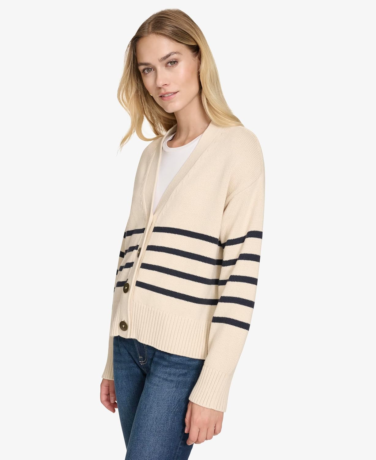 Nautica Women's Long Sleeve V-Neck Striped Cardigan