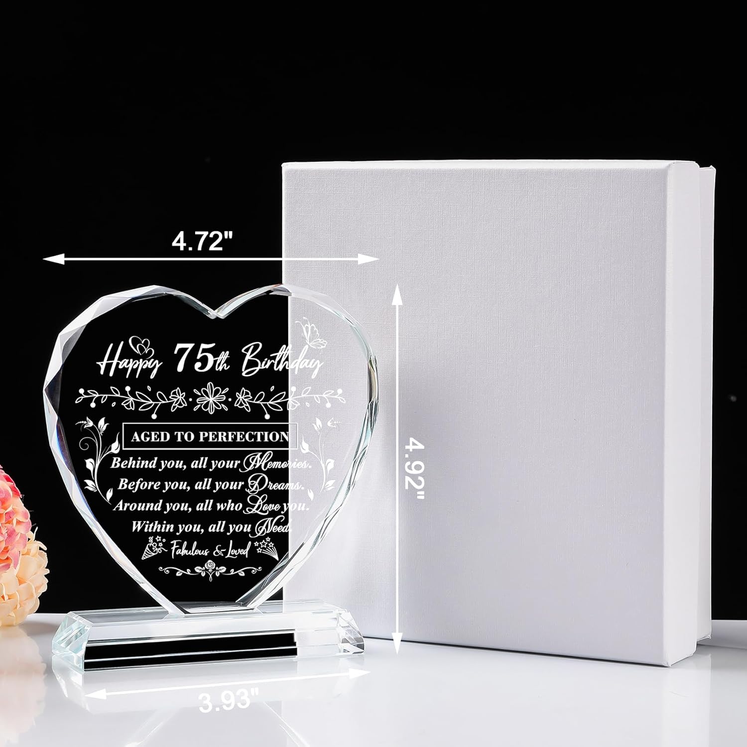 75th Birthday Gifts for Women Men, Laser Glass Heart 75th Birthday Decorations Ideas, Happy Birthday Gifts for 75 Year Old Men Women Husband Wife Mom Dad Friend - Image 2