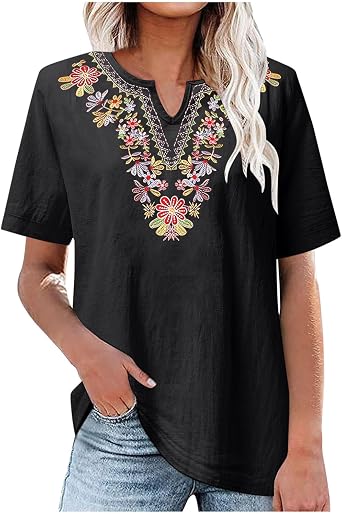 Womens Mexican Shirts Embroidered Tops Traditional Summer Casual Boho Blouse Floral Print Tunic V Neck Short Sleeve T Shirt