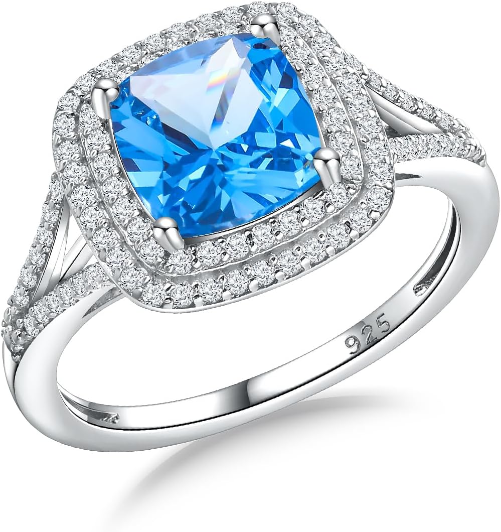 Birthstone Rings for Women 925 Sterling Silver Created Gemstone Cubic Zirconia Ring Heart/Pear/Round/Cushion/Emerald/Oval Engagement Double Halo Ring Size 6 to 10