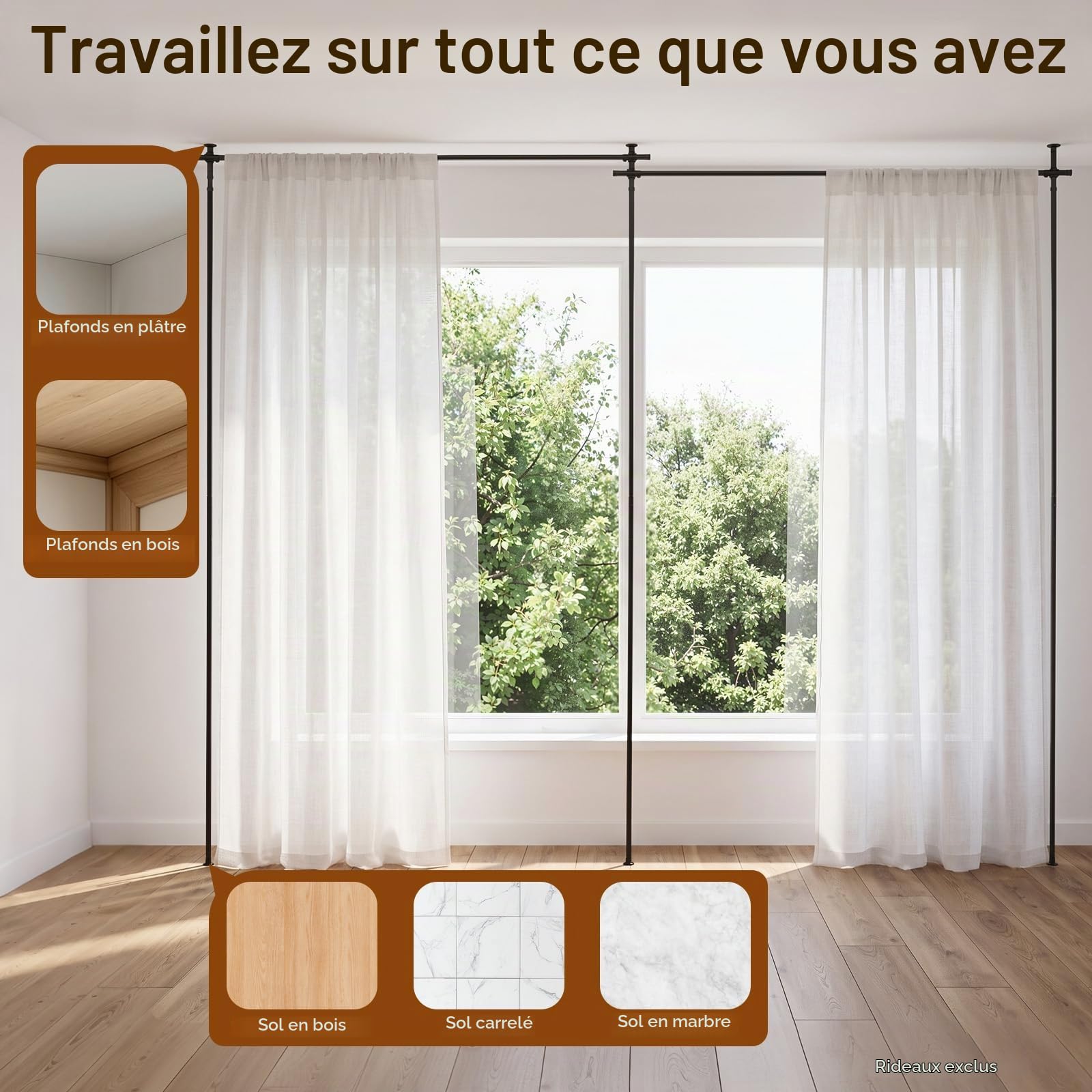 Barre de Séparation Pièce sans Perçage – Tringle Rideau Télescopique Réglable en Hauteur 1,5 m à 3,5 m, Support Mural Autoportant pour Cloison Amovible, idéal Locataires