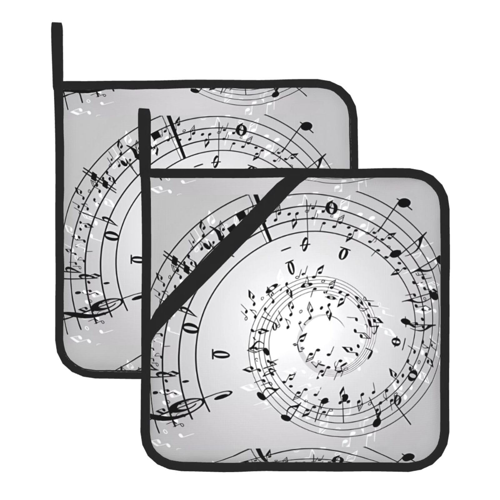 WHJSHOP Music Note Wall Prints Square Hot Pads for Kitchen - Waterproof Pot Covers with Hanging Loops - Thick Heat Resistant Trivets for Serving & BBQ, 2-Piece Set