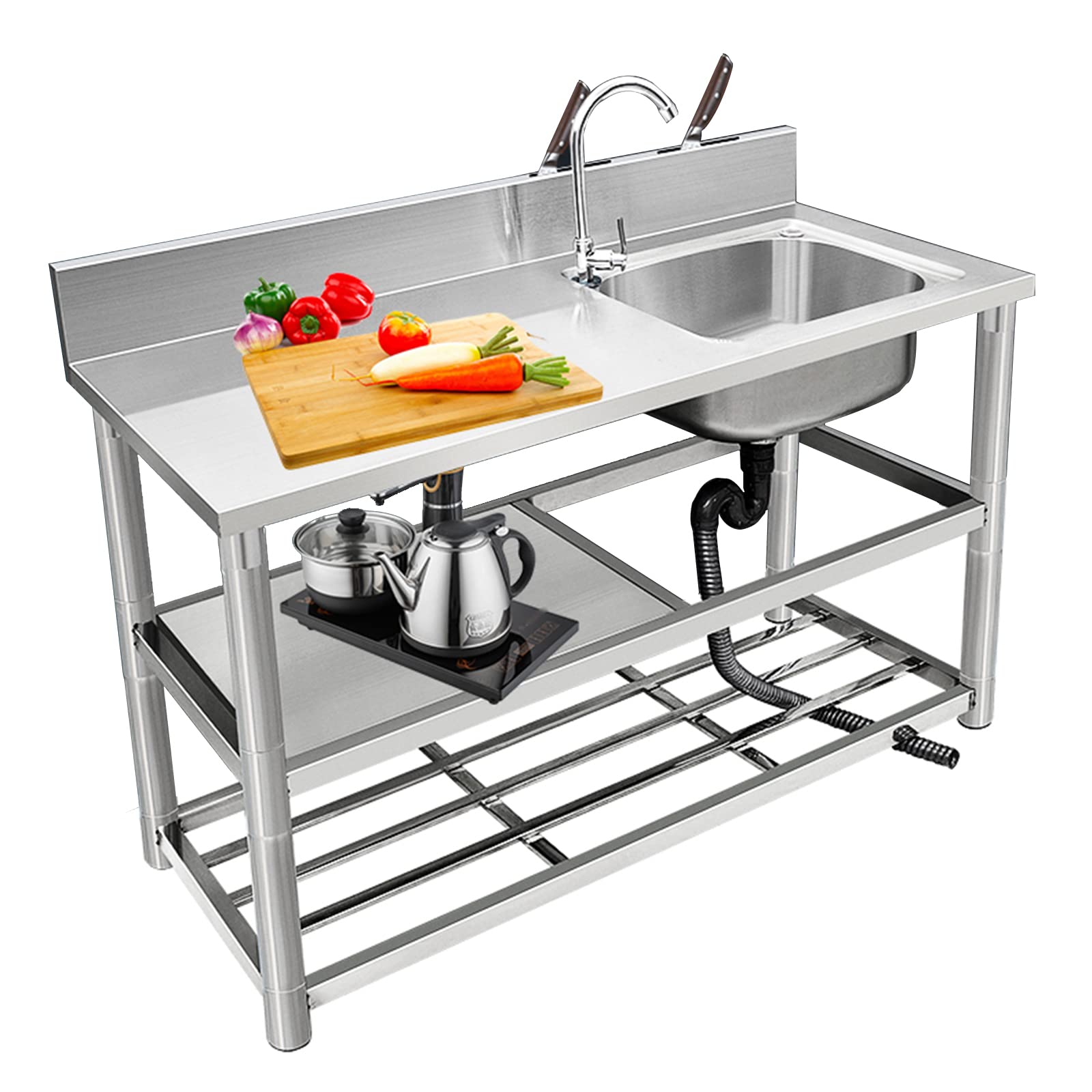 YNIYUJKL Stainless Steel 1 Compartment Utility Sink,Freestanding Commercial Kitchen Sink,W/Storage Shelve Laundry Tub For Indoor Outdoor Garage Backyard