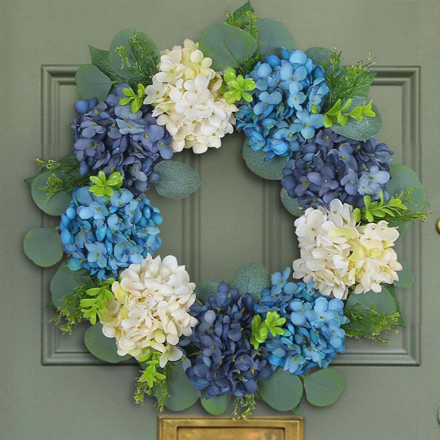 Hydrangea Wreath for Front Door, Flower Wreaths Floral Large 16" Blue White Hanging Spring Summer Wreaths Farmhouse Wreath