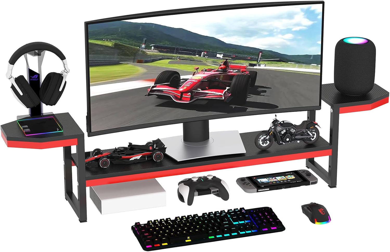 Monitor Stand for Desk,Wood and Steel Monitor Stand Riser with Side Storage shelf,Height Adjustable Computer Monitor Stand,Long Desk Shelf Organizer for Computer/Laptop/PC/Printer, Black+Red