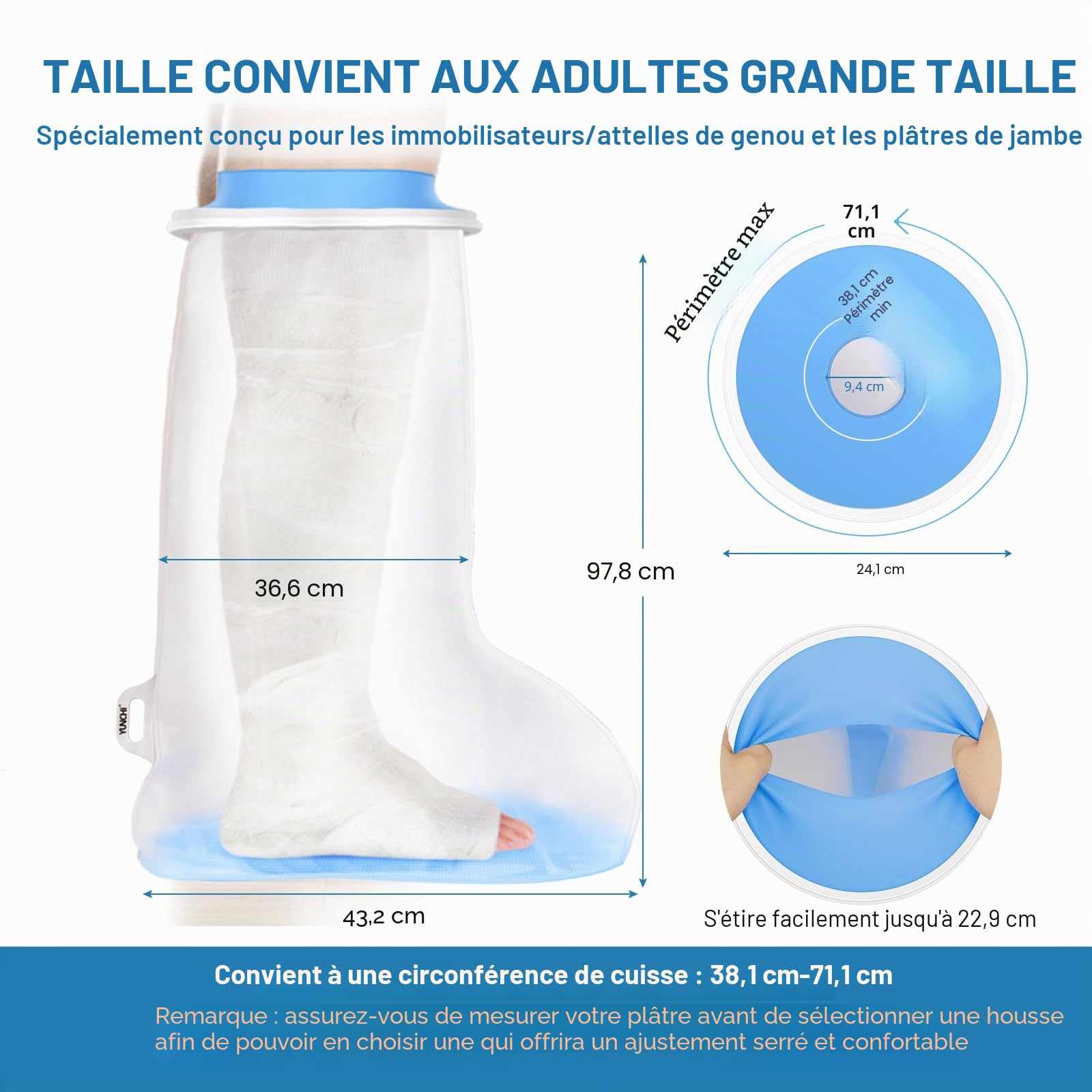 YUNCHI Protection de Douche pour Jambe Longue Adulte Anti-Dérapant XL Protection Étanche Réutilisable pour Orthèse Bloque Fixateur Fessier Genou Bandage (Protège-Jambe Long XL)
