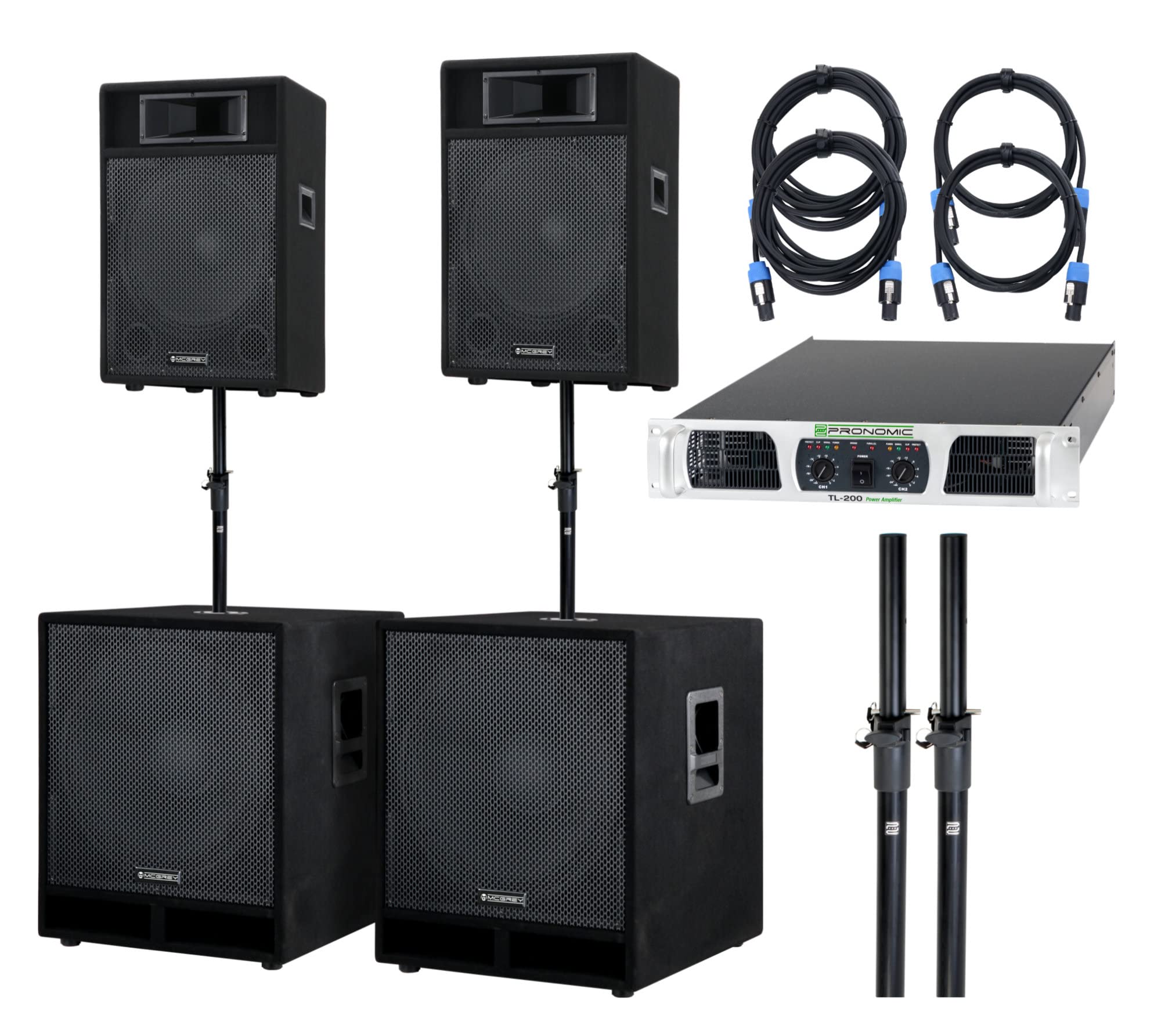 McGrey Powerstage-​4200 Système PA Complet (2X 12/​30cm Top, 2X 18/​45cm Subwoofer, 1x Amplificateur, 2X Tige de Distance, 2X câble Haut-​Parleur, 1050/​2100/​4200 Watts RMS/​Puissance Musicale/​Peak)