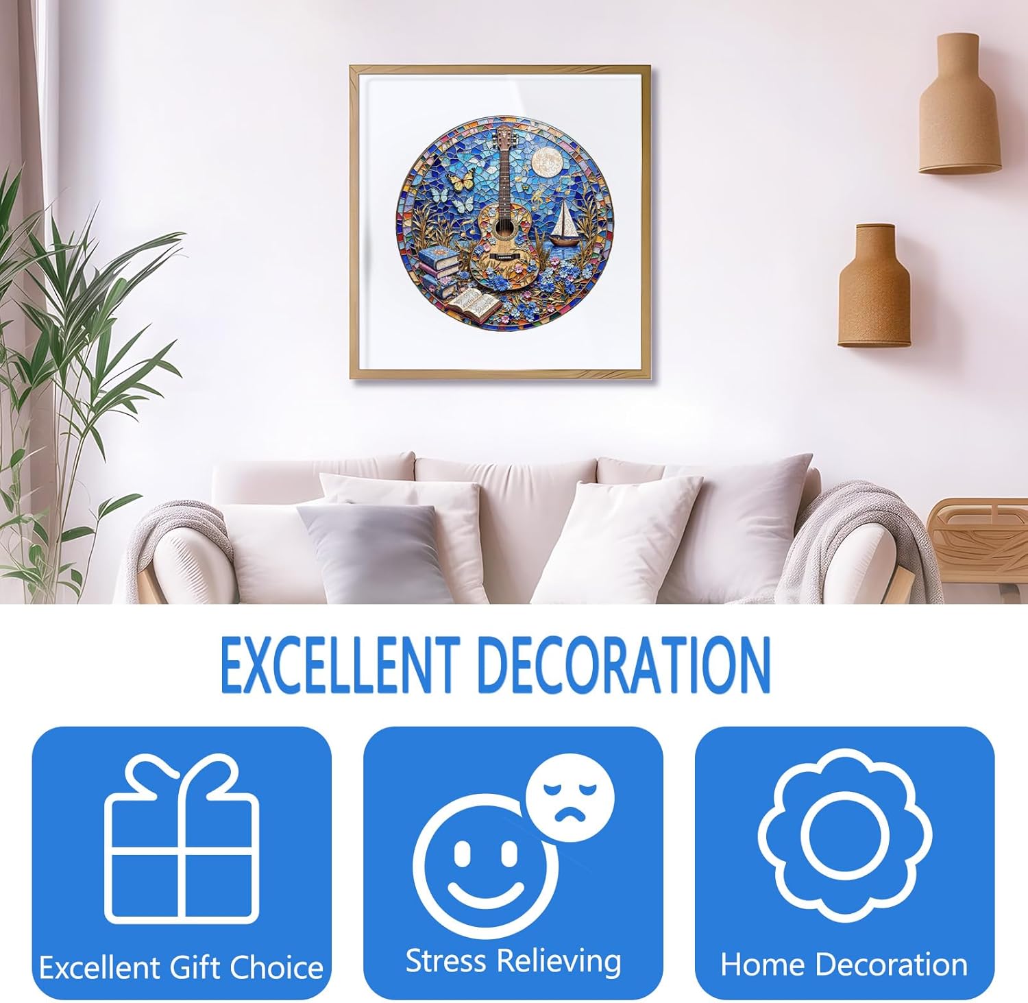 Wooden Puzzles for Adults, Stained Glass Guitar Wooden Jigsaw Puzzle for Adults, Music Books Wood Puzzles Adult, Unique Shape, Fun Presents for Friends, Wall Art Home Decor(L -13.4 * 13.3in-375 pcs)