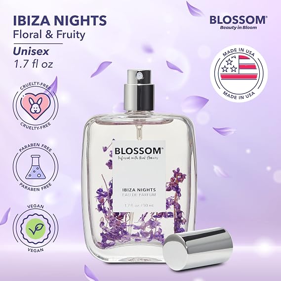 Blossom Unisex Eau De Parfum Spray Perfume for Women, Ibiza Nights, Made | TikTok Perfume Fragrance, Infused with Real Flowers, 1.7oz (Black Lotus, Jasmine, Vanilla, Mango, Spiced Blackberry)