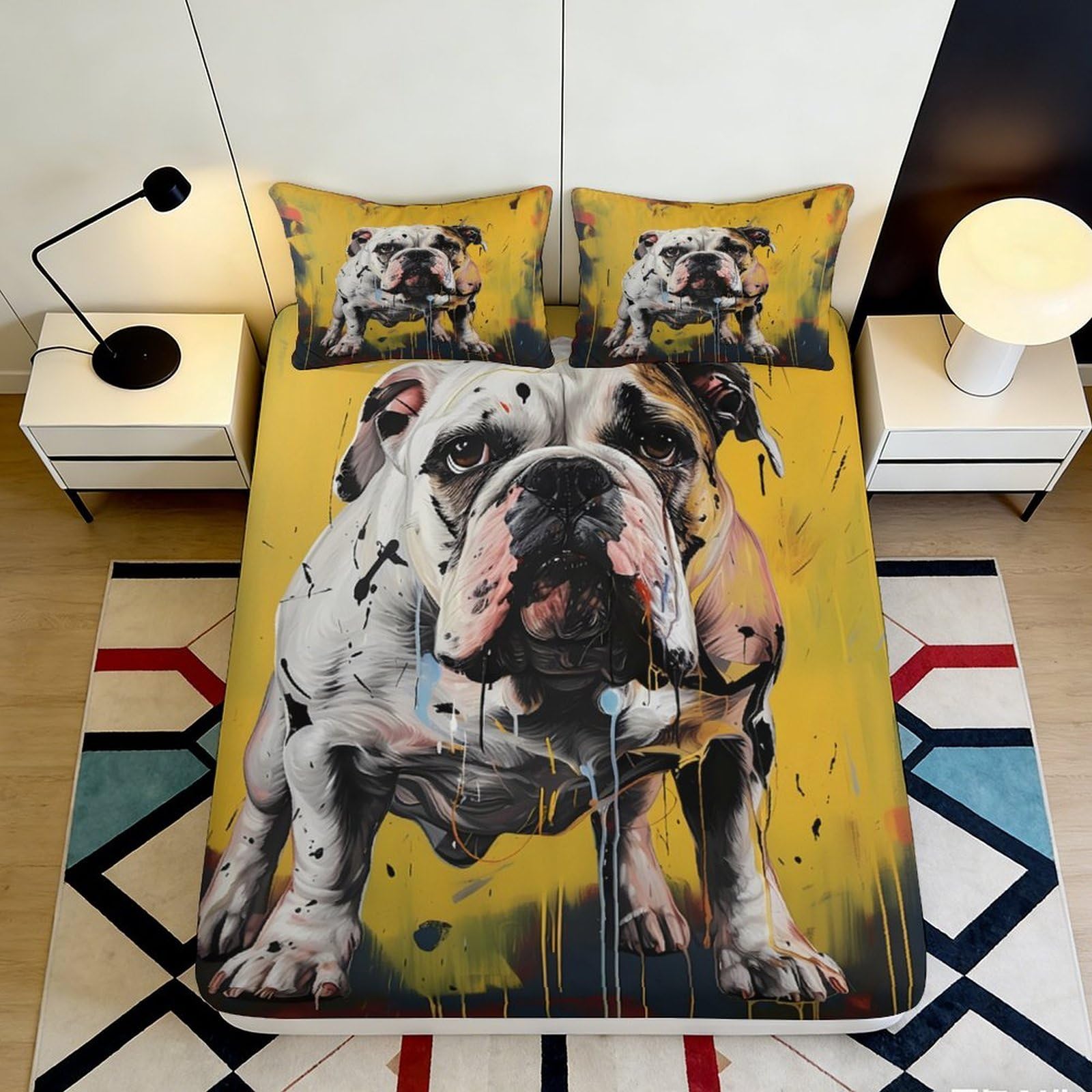 3D Printed Bulldog Art Fitted Sheet Microfiber Yellow Graffiti Bed Cover for Bedroom Guestroom Mattress Protection Decor 90x200x25cm