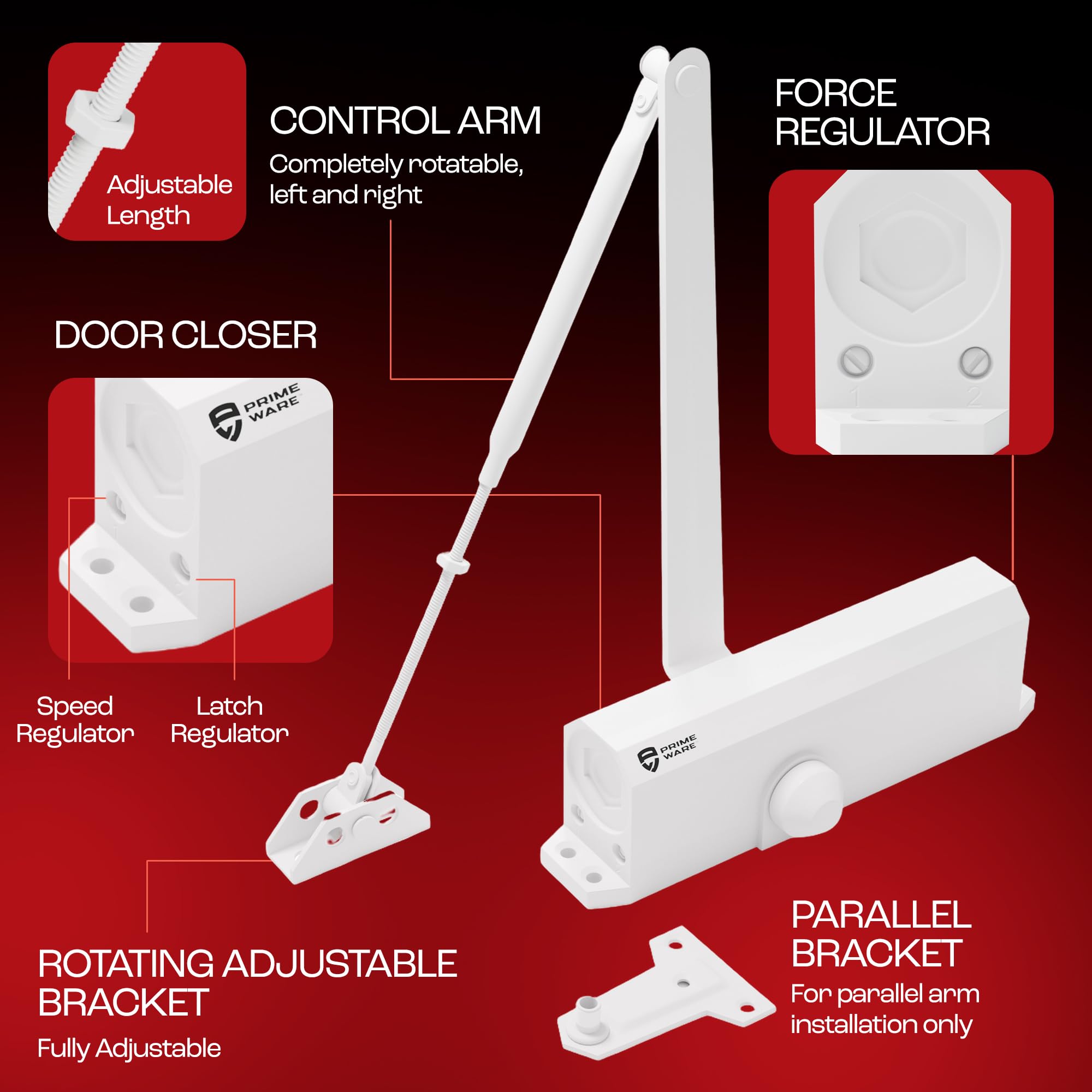PrimeWare DC-600 Ferme-porte automatique réglable pour maison | Fermeture amortie | Pas de claquement | Ferme-porte résidentiel et commercial | Niveau 1 à 6 | Pour portes de 13,6 à 136,1 kg | Ressort