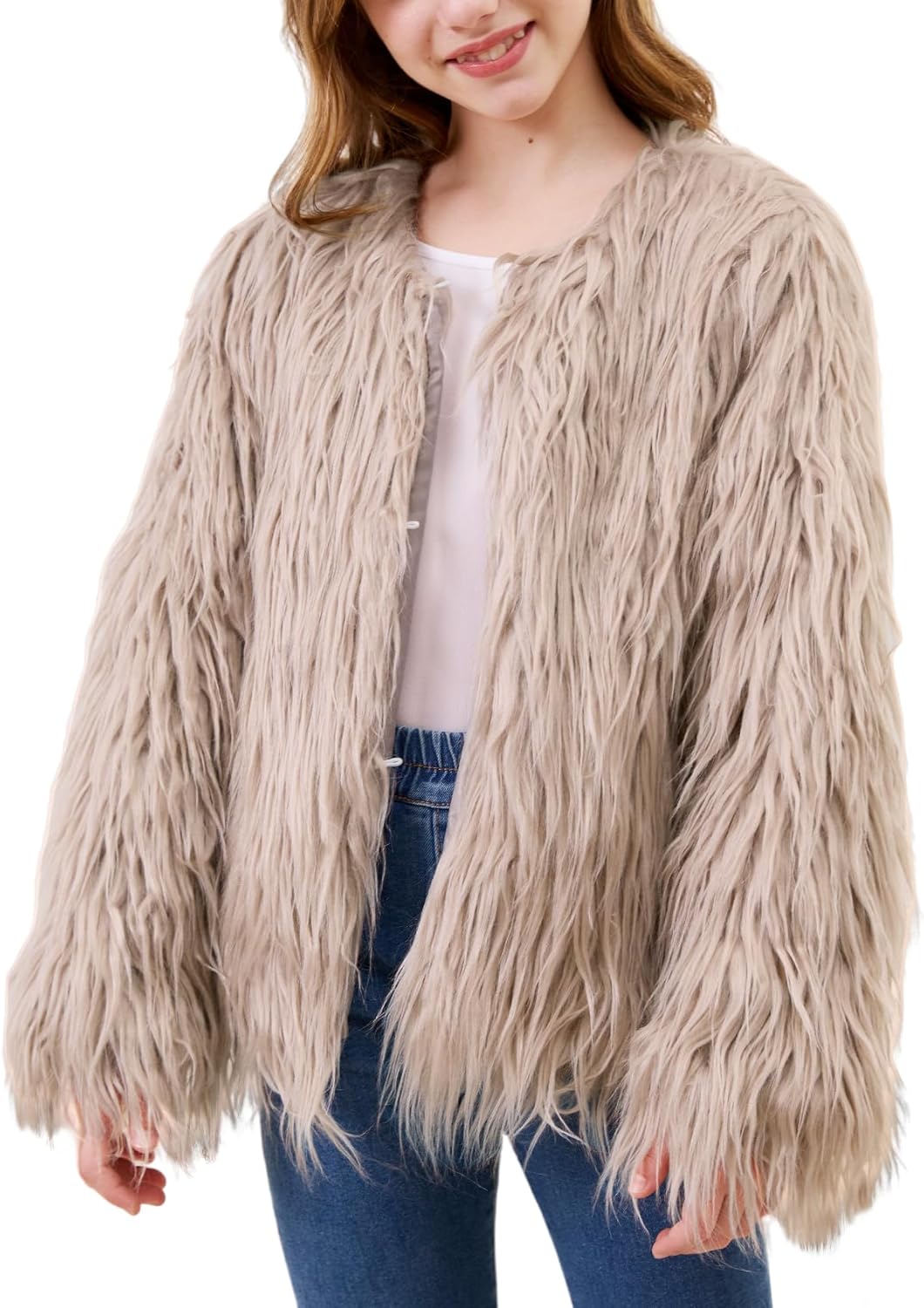 Yimoon Girls Faux Fur Coat Open Front Furry Coats Long Sleeve Parka Shaggy Jacket Winter Warm Fluffy Outerwear 4-12 Years