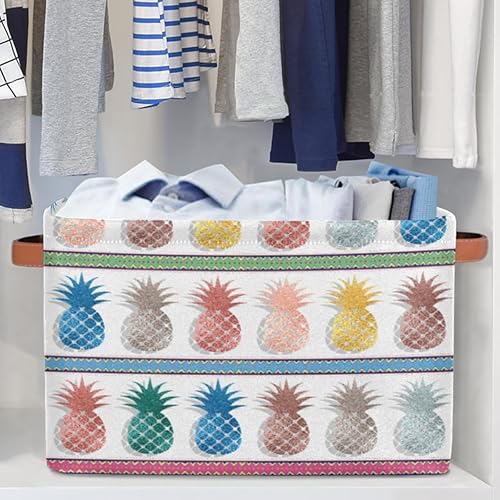 Miniatura 5 de Cestas de almacenamiento grandes para organizar estantes, lindos cubos plegables de frutas y piñas coloridas con asas, organizadores rectangulares