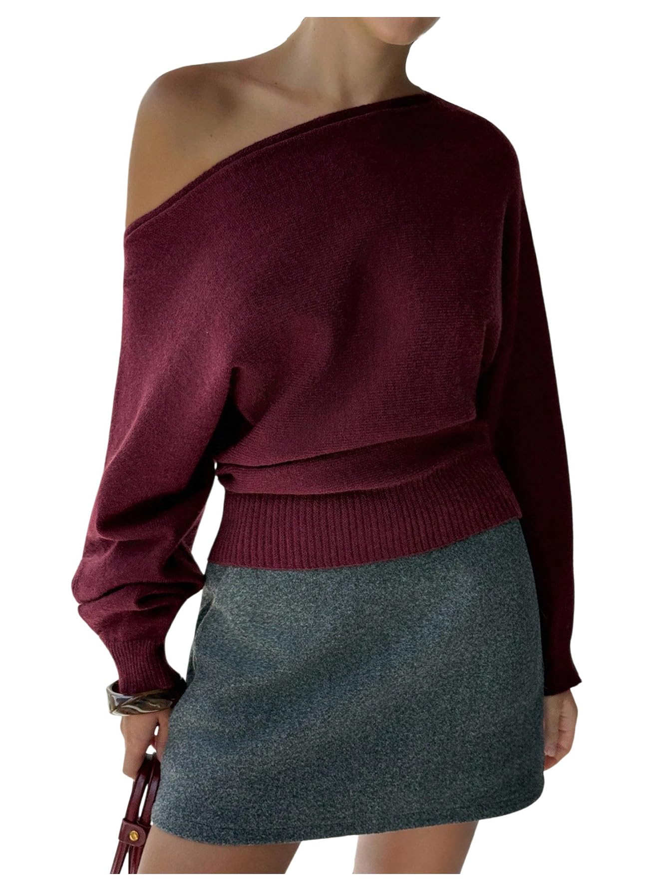 MakeMeChic Womens Off The Shoulder Sweater Y2k Going Out Tops Dolman Sleeve Knit Sweater Tops