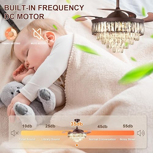 Miniatura 4 de Ventiladores de techo retráctiles de 42 pulgadas con control remoto de luces, moderno ventilador de techo de cristal LED, motor silencioso para