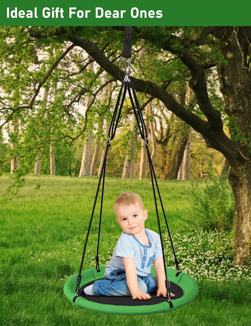 24 Inch Saucer Tree Swing Set for Kids & Adults, Adjustable Flying Swing Seat for Backyard or Outdoor Playground, Green & Black